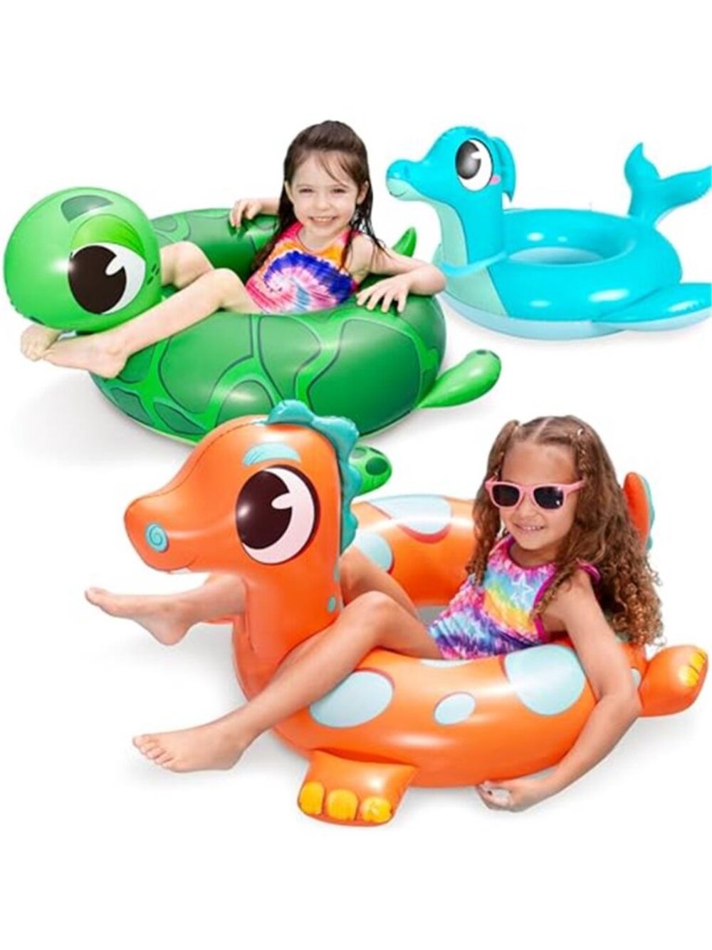 Kids Pool Float 3 Pack Dinosaur Sea Turtle Dolphin Swim Ring 32 Inch PVC